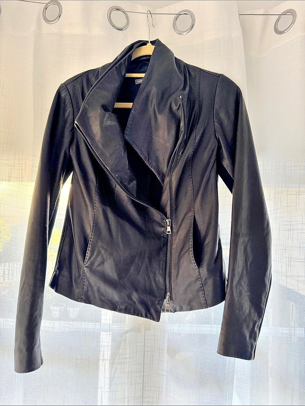 Vince Asymmetric Zip Leather Moto Jacket Black